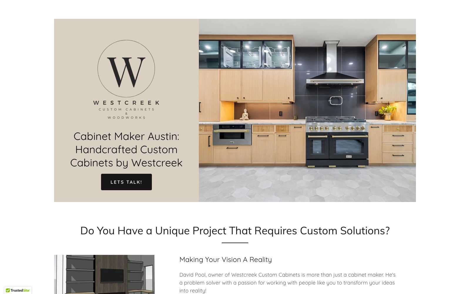 The current westcreekcustomcabinets.com homepage